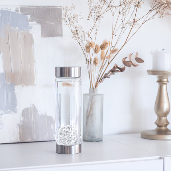 VitaJuwel ViA DIAMONDS | Crystal Water Bottle with Genuine Diamond Slivers (4ct.) & Clear Quartz for Brilliance, Energy & Radiance
