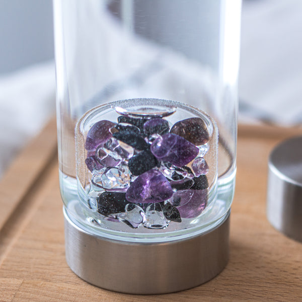 VitaJuwel ViA GUARDIAN | Crystal Water Bottle with Amethyst, Black Tourmaline & Clear Quartz for Protection, Clarity and Open-Mindedness