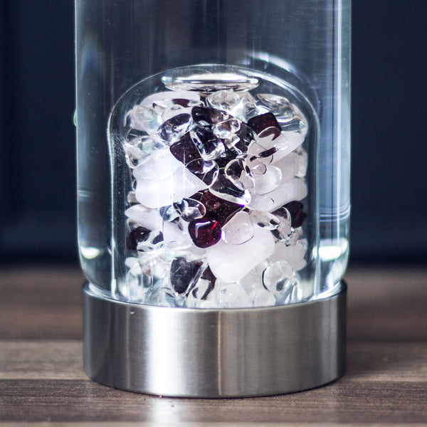 VitaJuwel ViA LOVE | Crystal Water Bottle with Rose Quartz, Garnet & Clear Quartz for Harmony, Affection & Affection