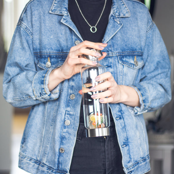 VitaJuwel ViA HAPPINESS | Crystal Water Bottle with Jade, Orange Calcite, Carnelian & Clear Quartz for Optimism, Good Luck, Motivation