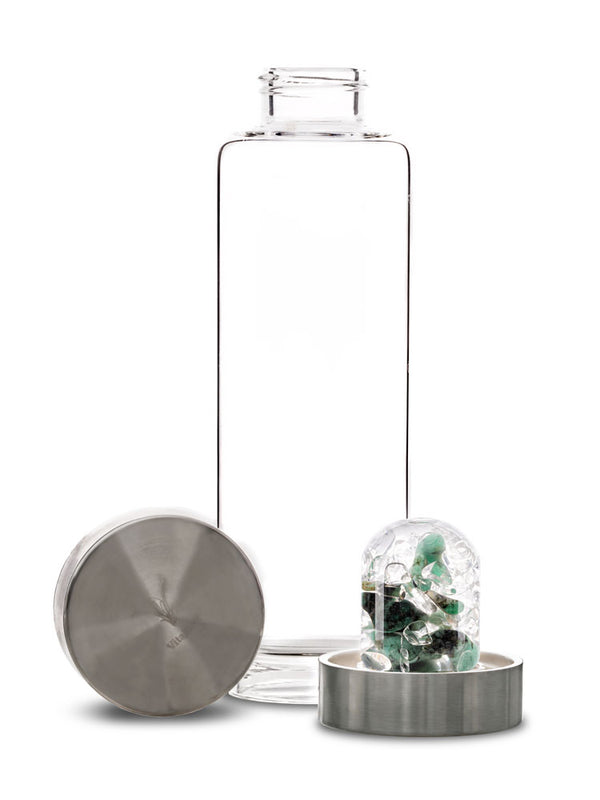 VitaJuwel ViA VITALITY | Crystal Water Bottle with Emerald & Clear Quartz for Regeneration, Rejuvenation & Renewal
