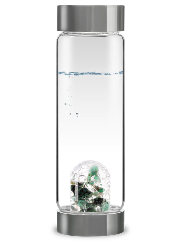 VitaJuwel ViA VITALITY | Crystal Water Bottle with Emerald & Clear Quartz for Regeneration, Rejuvenation & Renewal