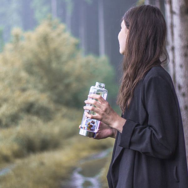 VitaJuwel ViA FIVE ELEMENTS | Crystal Water Bottle with Amethyst, Chalcedony, Petrified Wood, Rose Quartz & Agate - Reflection, Growth & Foundation