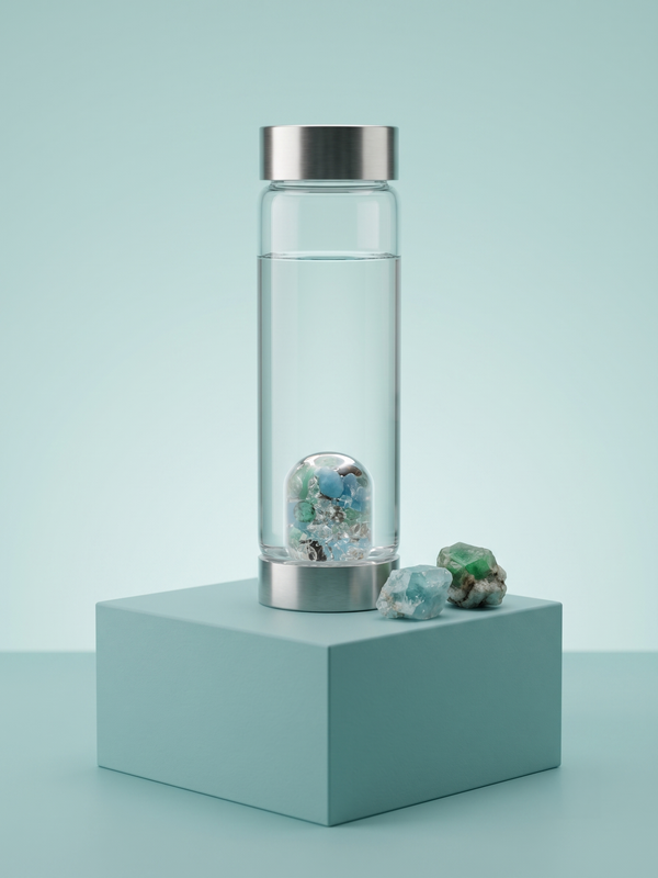 VitaJuwel ViA Longevity | Crystal Water Bottle with Emerald · Aquamarine · Smoky Quartz · Clear Quartz | Vitality · Renewal · Resilience