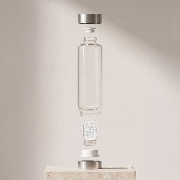 VitaJuwel ViA Longevity | Crystal Water Bottle with Emerald · Aquamarine · Smoky Quartz · Clear Quartz | Vitality · Renewal · Resilience