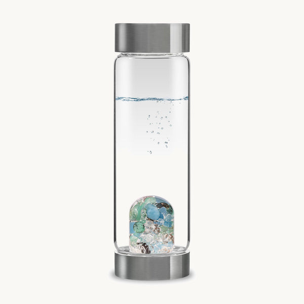 VitaJuwel ViA Longevity | Crystal Water Bottle with Emerald · Aquamarine · Smoky Quartz · Clear Quartz | Vitality · Renewal · Resilience