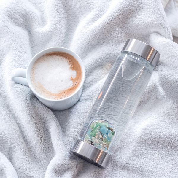 VitaJuwel ViA Longevity | Crystal Water Bottle with Emerald · Aquamarine · Smoky Quartz · Clear Quartz | Vitality · Renewal · Resilience